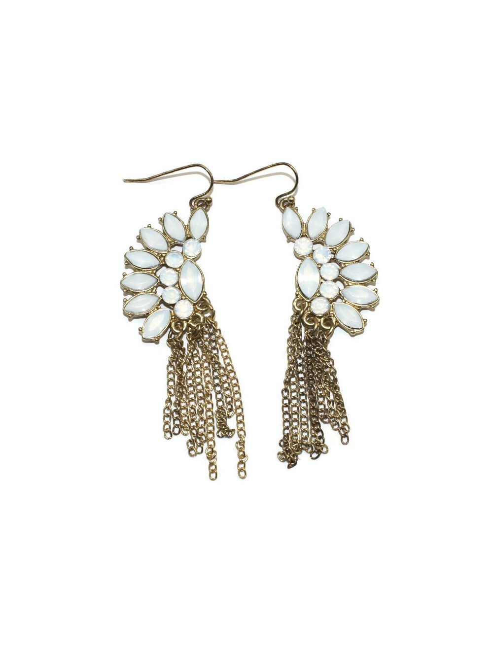 Vintage Gold Tone and Faceted White Plastic Fringed Dangle Earrings.